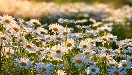 Field Of White Daisies With Yellow Centers Swaying Gently In Breeze Creating Bright And Cheerful Natural Scene Full Of Fresh Green Stems And Delicate Petals