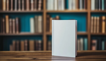 Blank beige book standing on wood table. Blurred library shelves with books create background for custom cover design