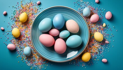 Pastel Easter Eggs And Sprinkles Around Blue Plate