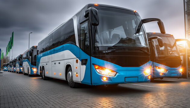 Fleet of Modern Tour Buses Lined Up Ready for Passengers and City Exploration