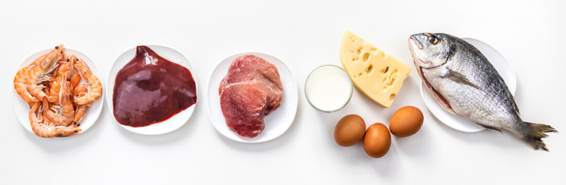 Foods that contain vitamin B12. Selective focus.