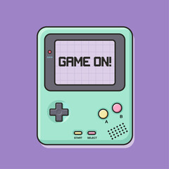 Retro handheld Game Console: A classic handheld game console, showcasing a cheerful GAME ON! message on its screen, evokes nostalgia for simpler times of gaming.