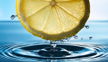 Close Up Of A Sliced Lemon Dropping Into Clear Water Generating Crisp Radial Ripples Across Surface Surrounding Droplets Sparkle Under