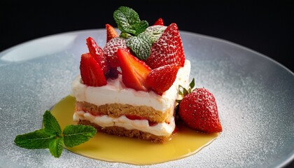 A Slice Of Layered Dessert Topped With Fresh Strawberries Cream And A Drizzle Of Honey All Garnished With Mint Leaves And Dusted With Powdered Sugar