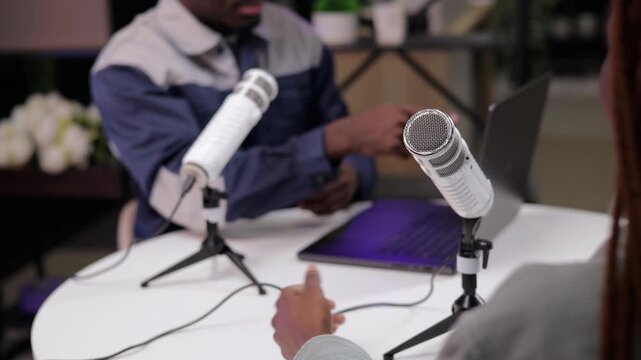 Energy industry of Africa America banner. African male adults podcast recording discussion with microphones.