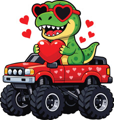 Cute Dinosaur in Love Driving Red Monster Truck © pixelmint