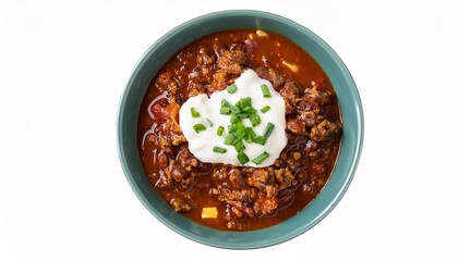 Top Down Photo Of Beef Chili Stew In Bowl On Isolated Transparent Background With Cheese And Scallions And Sour Cream