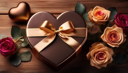 Luxury Valentine Gift Box With Roses On Wooden Surface Background For Website Header