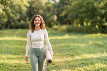 Fototapeta premium Smiling Woman Walking with Yoga Mat in Green Park on Sunny Morning