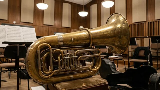 large brass tuba positioned in orchestral rehearsal corner video