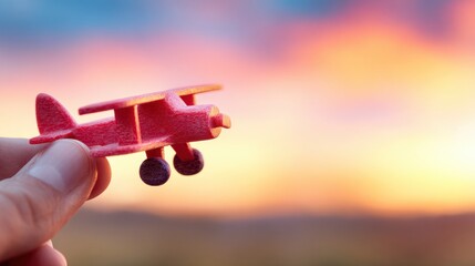 Hand holds a red toy plane against a colorful sunset sky in the background
