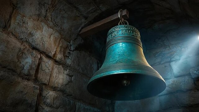  large bronze church bell hanging inside stone bell tower orbit video