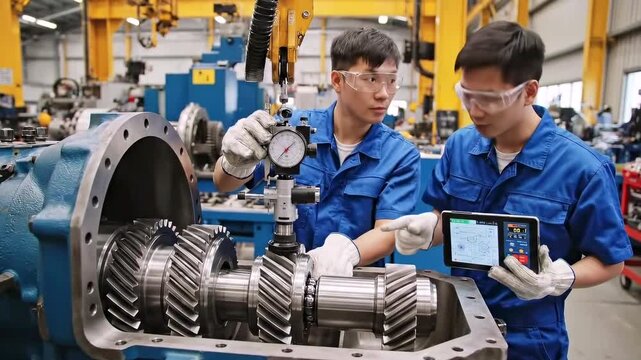 machine shop technicians measuring gearbox with dial gauge and tablet recording readings while wearing safety glasses to ensure alignment and torque tolerance during quality control