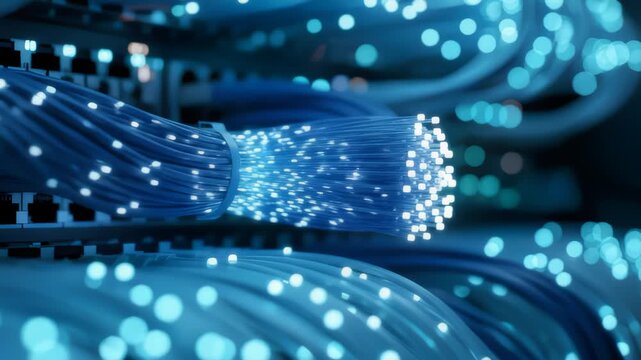 Optical Fibers Transmit Data in Server Room Technology Communication