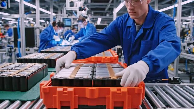 technician spot welding battery cells on conveyor - sparks and precise electrode placement as operators stack modules into orange trays - esd markings and quality checks in electronics plant