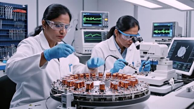 Skilled technician carefully attaches coils - An experienced technician carefully performs precise soldering of copper coils utilizing dedicated lighting during assembly process