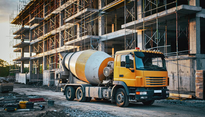 A large yellow cement mixer truck driving on a construction site road in front of a multi-story building under construction with scaffolding and workers' equipment scattered around the area