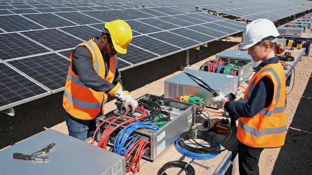 solar array technicians inspecting inverter wiring high desert solar farm setting with two workers in orange vests and hardhats testing connections - using multimeter and cable tools -