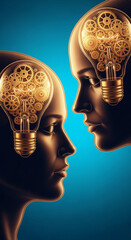 Two heads, profile view, light bulb inside, gears, symbolic of collaborative idea generation, innovation, and teamwork