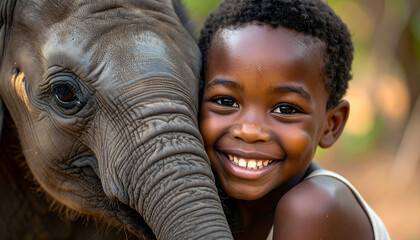 African boy smiling with baby elephant connection © Юлія Карамшина