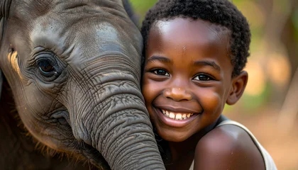 African boy smiling with baby elephant connection © Юлія Карамшина