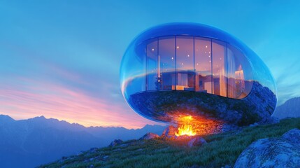 Obraz premium Modern glass house on a mountain with a fire at sunset