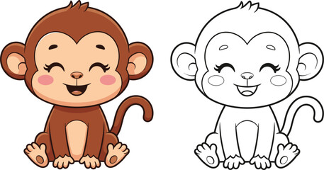 Cute cartoon monkey character illustration with colored and outline versions, smiling baby animal mascot design for kids books, coloring pages, stickers, and educational graphics isolated on white  © Biplob Creatives