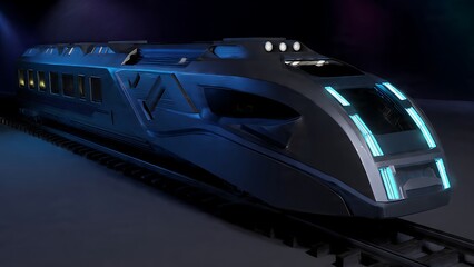 A sleek, futuristic train with blue lights travels through a dark tunnel on a railway track