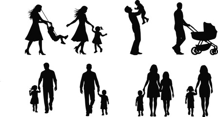 Obraz premium Family silhouette collection illustration, parents with children walking playing caring together isolated on white background lifestyle concept design