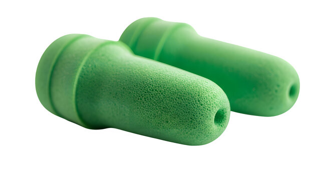 Green foam earplugs isolated on transparent background