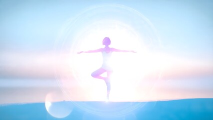 A serene woman practicing yoga on a peaceful landscape at sunrise