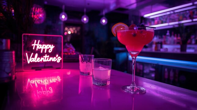 Valentine&rsquo;s Day Night Bar Scene with Neon Lights and Pink Cocktail, Modern Romantic Party Atmosphere, Stylish Lounge Interior, Nightlife Celebration Concept for February Holiday