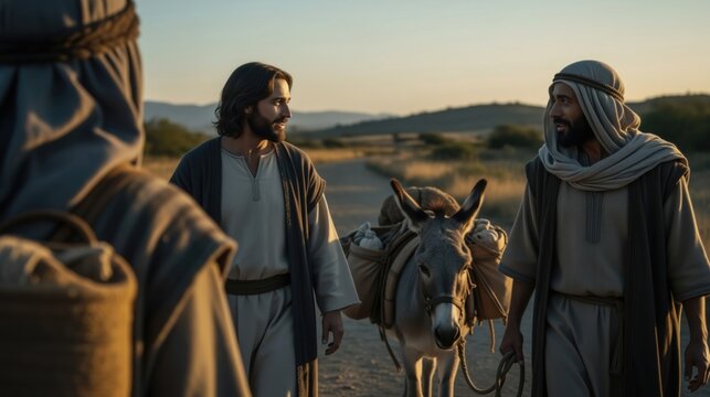 Jesus Christ walking with two disciples on the road to Emmaus. Biblical scene of conversation and travel with a donkey at sunset