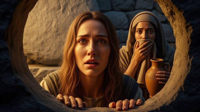 Biblical scene of Mary Magdalene discovering the empty tomb of Jesus. Shocked women looking into a cave at Easter dawn. Resurrection concept