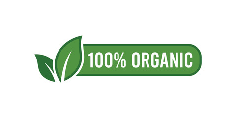 100% Organic Green Leaf Label Icon.
