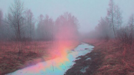 Fototapeta premium Fog covers a path by the water during a cool morning in early spring