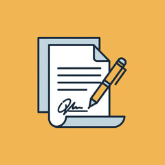 Illustration of a signed document with a pen on top.