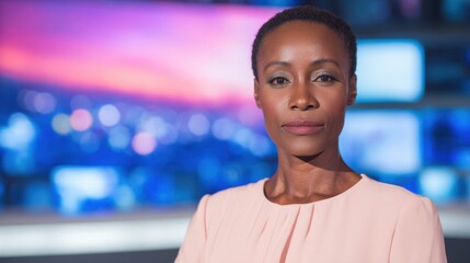 Fototapeta premium News anchor reports live from studio during evening broadcast