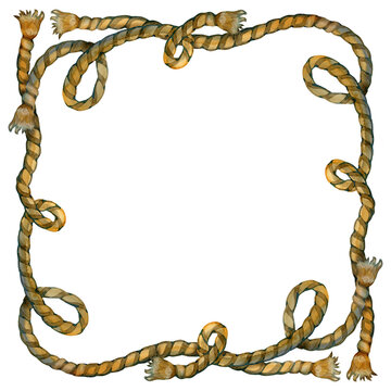 Authentic watercolor hemp rope border featuring decorative sailor bows and curved twine lines. Hand-painted rustic pirate frame ideal for coastal branding