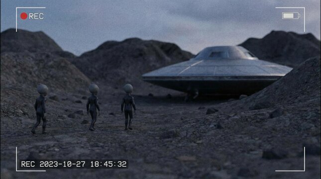 Cinematic UFO Sighting and Alien Encounter in Desert Night Sky, Found Footage Style