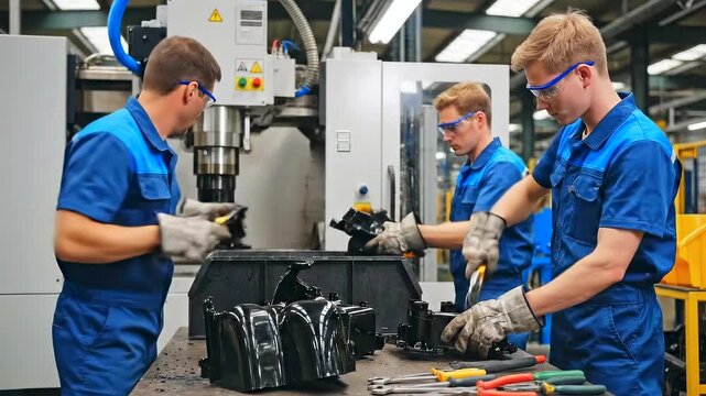 machinists operating cnc milling machine shaping black components with gloved hands and safety glasses - toolset and drill press visible - methodical assembly and quality checks in bright