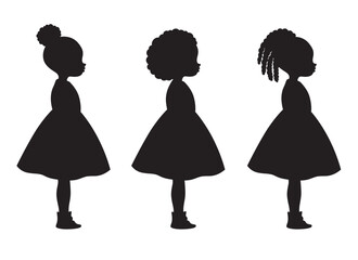 Little Black girls silhouette vector illustration set featuring standing poses in dresses. Includes side view figures with three hairstyles: afro, braid ponytail, and afro bun.