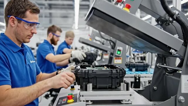 Electronic device assembler operating machinery in bright factory setting - Skilled technician carefully arranges electronic components with precise tools in busy factory environment
