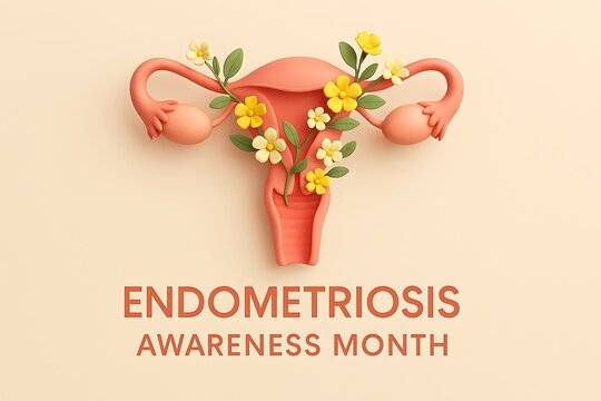 3D Endometriosis Awareness Month Illustration with Botanical Uterus Design
