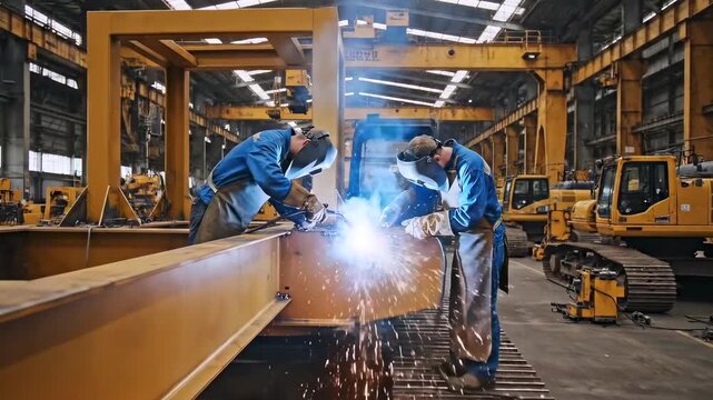 structural welders fabricate large steel beam with arc welding - bright sparks and smoke - protective helmets and gloves - heavy equipment and yellow gantries in industrial hall
