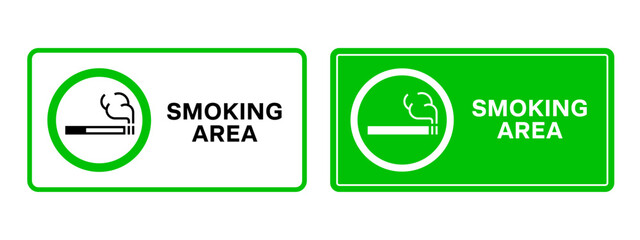 Smoking area sign. Permission signs with cigarette and smoke symbol and text. Designated smoking zone notice for public places. Tobacco use rules and information signs for indoor areas.