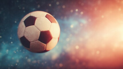 Fototapeta premium Soccer ball floating in space with colorful background and light effects