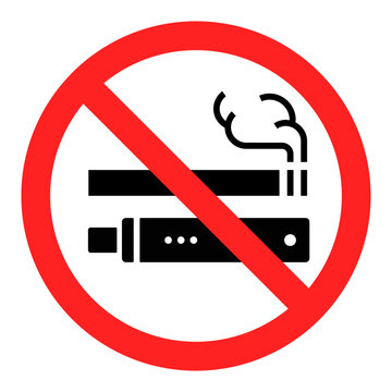 No vaping sign icon. Prohibition symbol with electronic cigarette and vapor. Vaping forbidden notice for public places. E-cigarette ban and tobacco restriction warning sign.