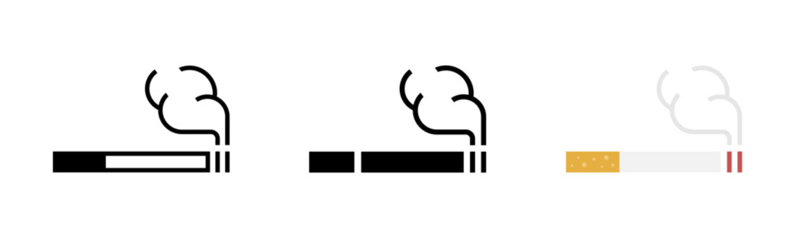 Cigarette icon. Smoking cigarette with smoke symbol. Tobacco product illustration for health, addiction and smoking concept. Nicotine use and smoking habit pictogram for medical or warning context.