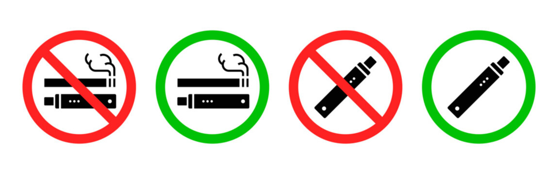 Smoking and vaping signs icon set. No smoking and smoking allowed signs with cigarette and e cigarette symbols. Prohibition and permission signs for public places. Tobacco and vaping rules.